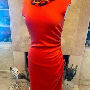 ST. JOHN COUTURE Knit Dress Ruched Orange Red Dress 6 Sexy Slimming Black Label